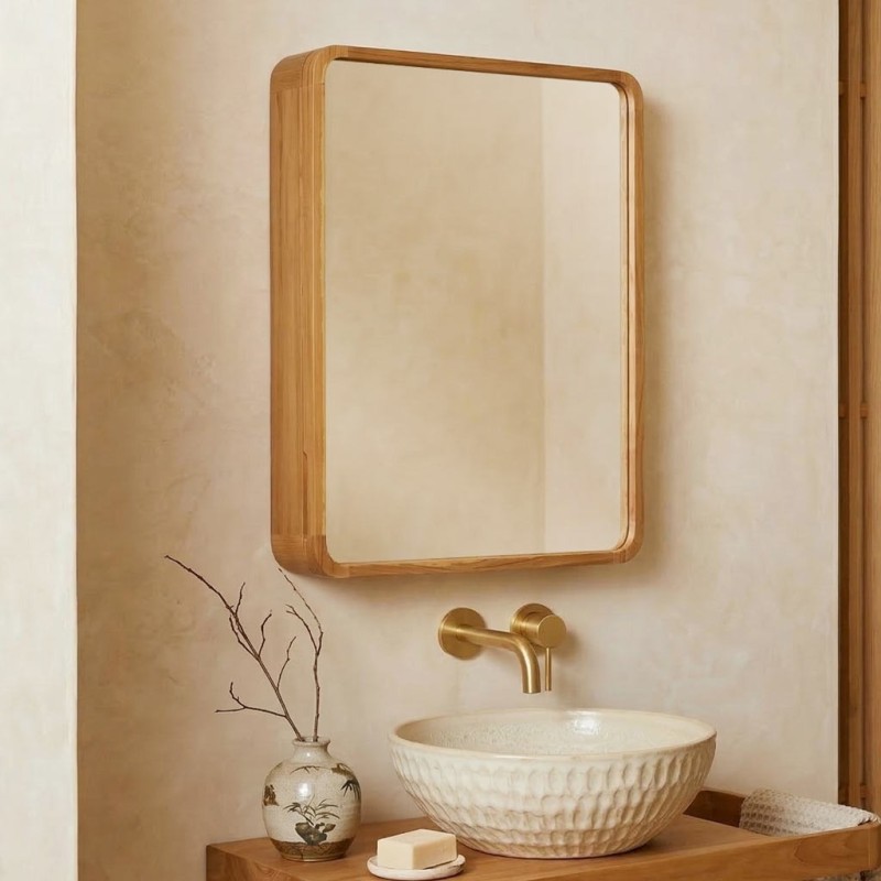 Miroir de salle de bain en teck avec compartiment de rangement - Indira