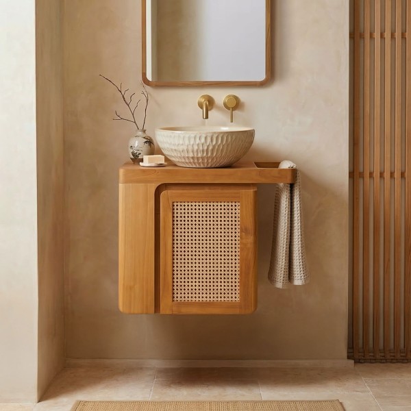 Meuble de salle de bain suspendu en teck massif - Indira