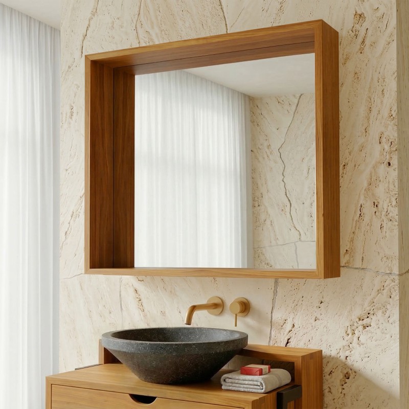Miroir de salle de bain en teck 80 x 66 cm - Arya