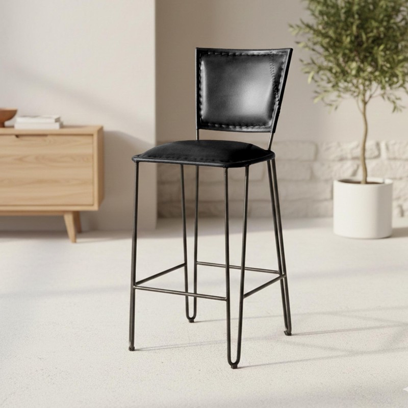 Chaise haute de cuisine vintage métal et cuir noir - Smart