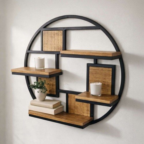 Etagère ronde industrielle en métal et bois