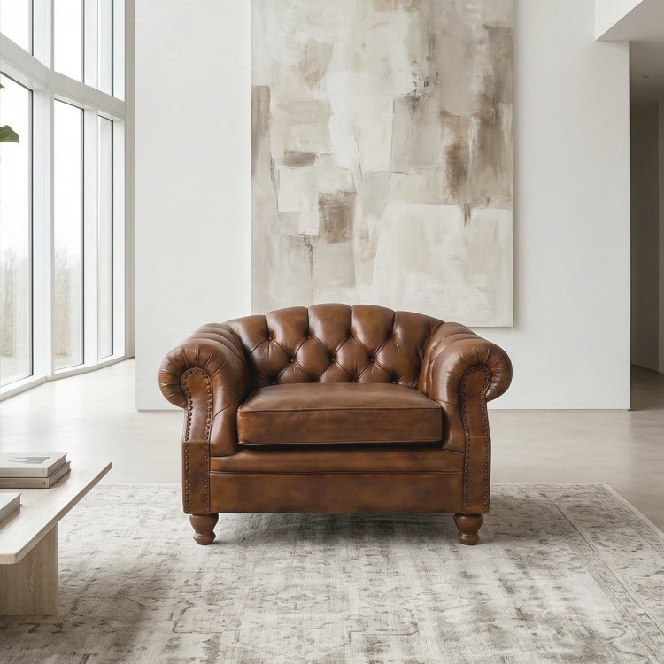 Fauteuil Chesterfield en cuir véritable marron - Harold