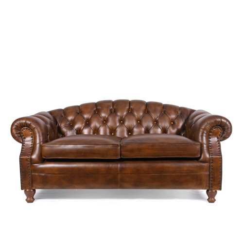 Canapé Chesterfield en cuir véritable marron 2 places - Harold