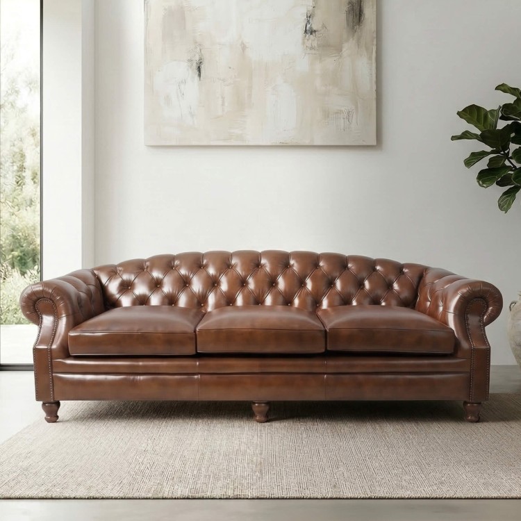 Canapé Chesterfield en cuir véritable marron 3 places - Harold