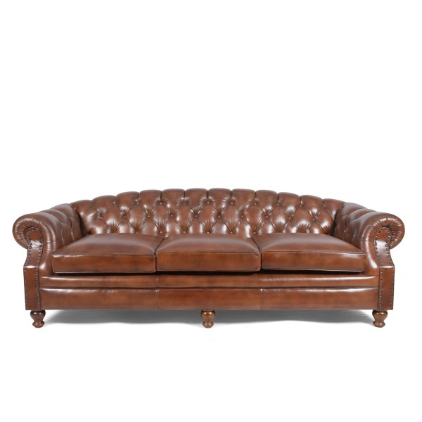 Canapé Chesterfield en cuir véritable marron 3 places - Harold
