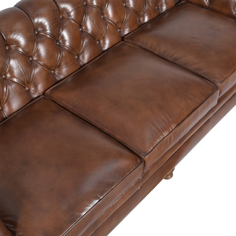 Canapé Chesterfield en cuir véritable marron 3 places - Harold