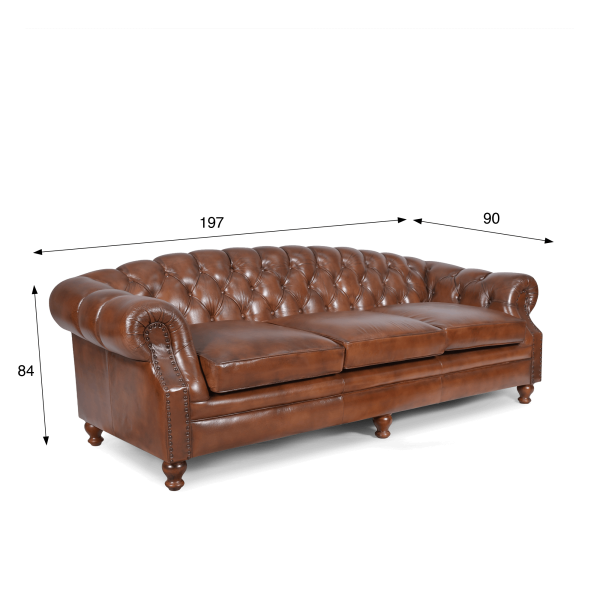 Canapé Chesterfield en cuir véritable marron 3 places - Harold