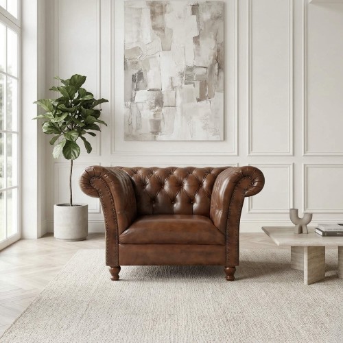 Fauteuil Chesterfield en cuir véritable marron - Henry
