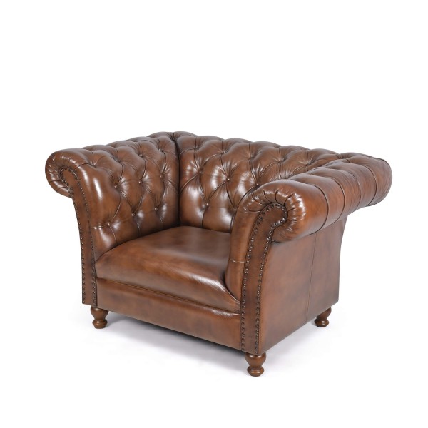 Fauteuil Chesterfield en cuir véritable marron - Henry