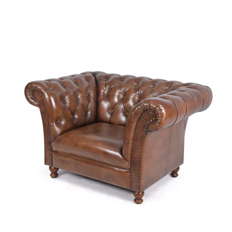 Fauteuil Chesterfield en cuir véritable marron - Henry