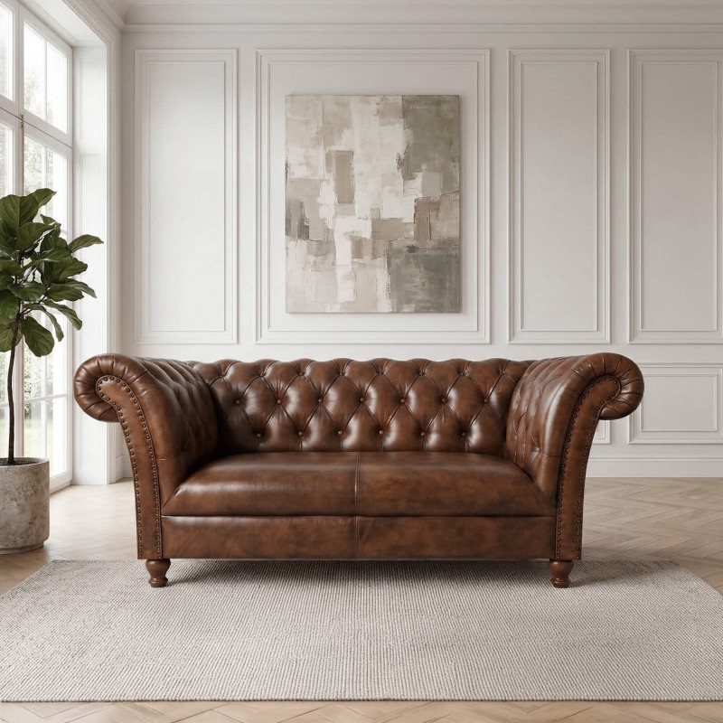 Canapé Chesterfield en cuir véritable marron 2 places - Henry