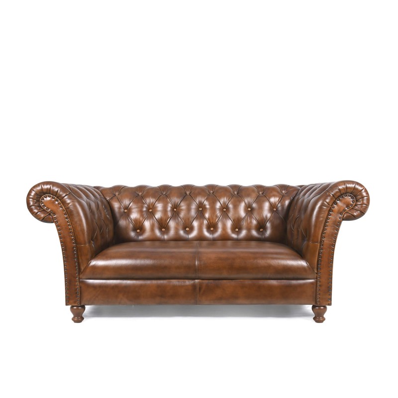 Canapé Chesterfield en cuir véritable marron 2 places - Henry