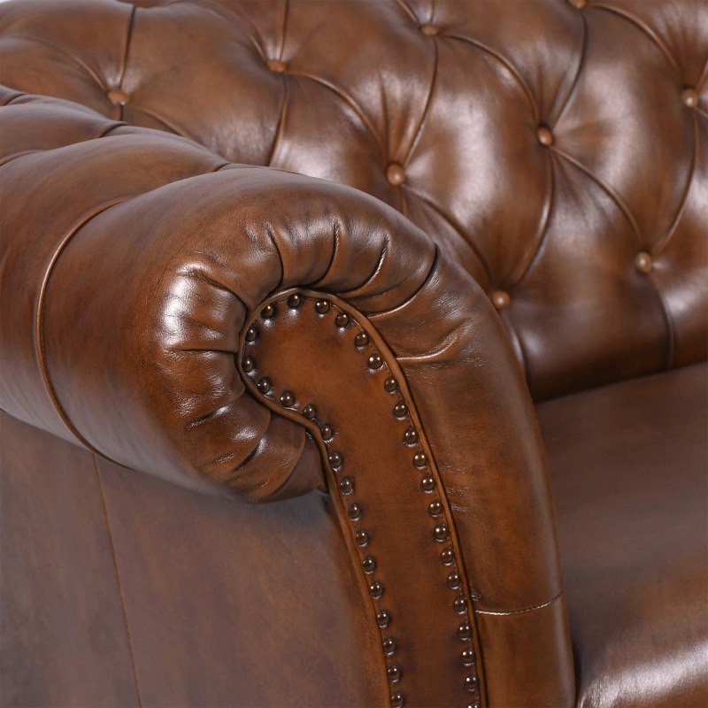 Canapé Chesterfield en cuir véritable marron 2 places - Henry