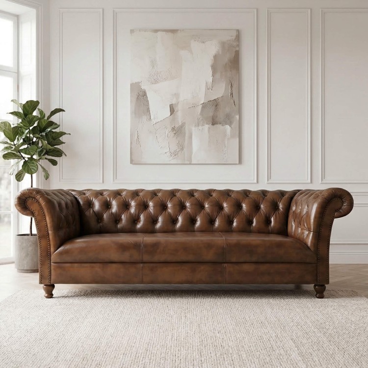 Canapé Chesterfield en cuir véritable marron 3 places - Henry