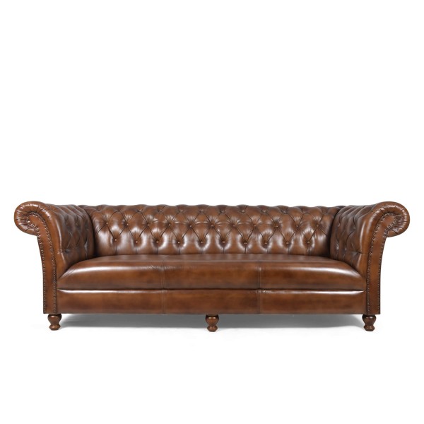 Canapé Chesterfield en cuir véritable marron 3 places - Henry