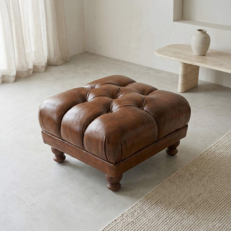 Pouf capitonné en cuir véritable marron