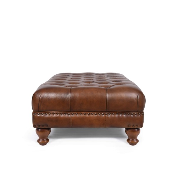 Repose-pieds capitonné en cuir véritable marron