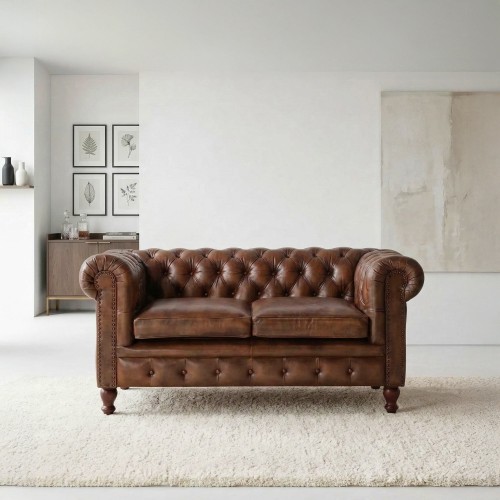 Canapé Chesterfield en cuir véritable marron 2 places - Edward