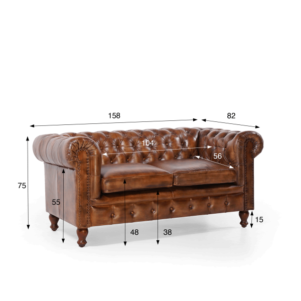 Canapé Chesterfield en cuir véritable marron 2 places - Edward