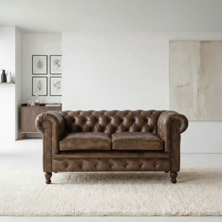 Canapé Chesterfield en cuir véritable brun vieilli 2 places - Edward