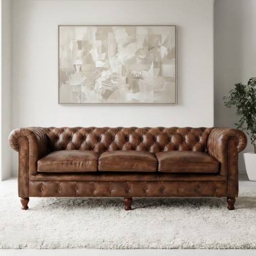 Canapé Chesterfield en cuir véritable marron 3 places - Edward