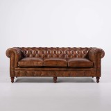Canapé Chesterfield en cuir véritable marron 3 places - Edward