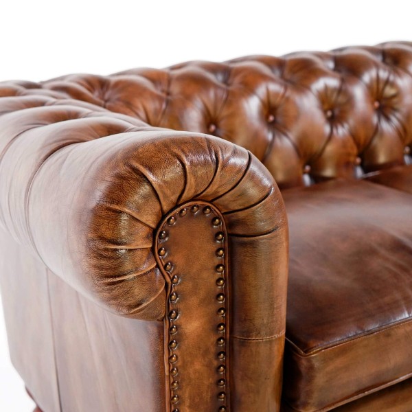 Canapé Chesterfield en cuir véritable marron 3 places - Edward