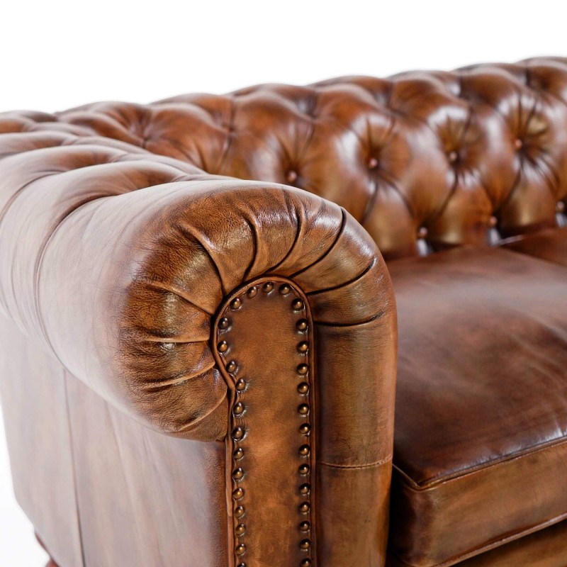 Canapé Chesterfield en cuir véritable marron 3 places - Edward