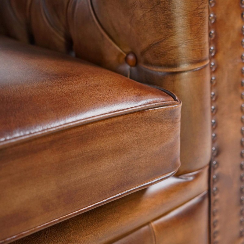 Canapé Chesterfield en cuir véritable marron 3 places - Edward