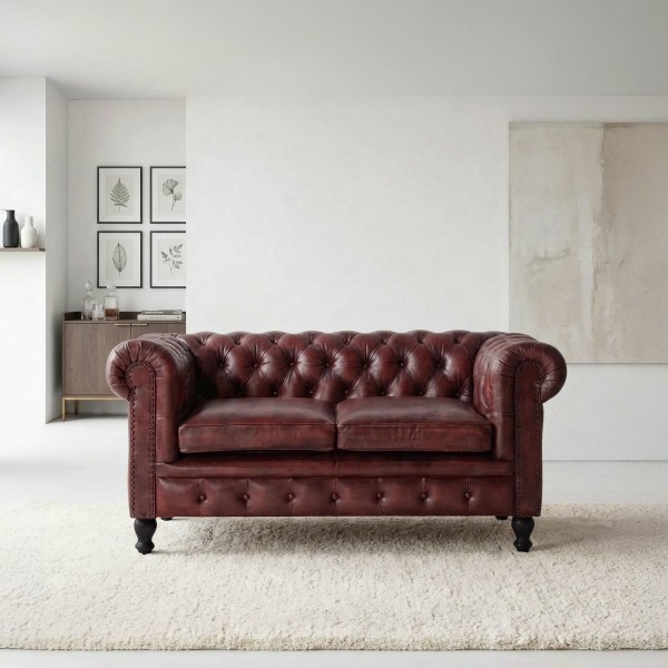 Canapé Chesterfield en cuir véritable bordeaux 2 places - Edward