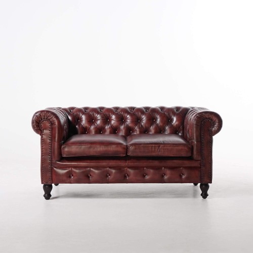 Canapé Chesterfield en cuir véritable bordeaux 2 places - Edward