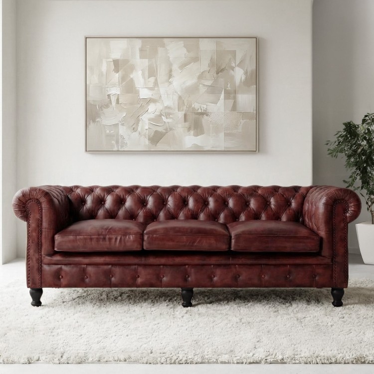 Canapé Chesterfield en cuir véritable bordeaux 3 places - Edward