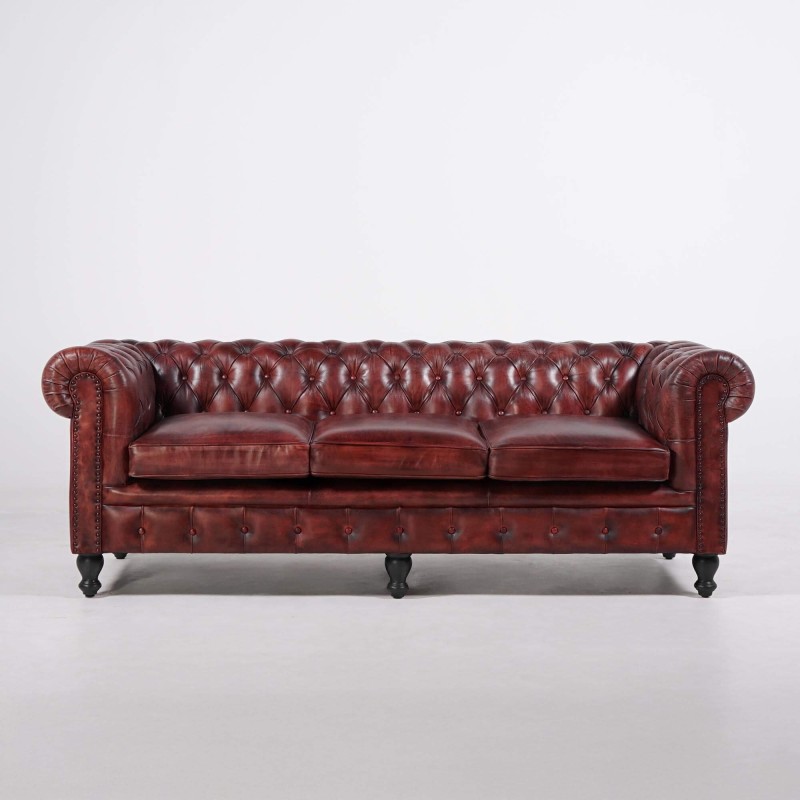 Canapé Chesterfield en cuir véritable bordeaux 3 places - Edward