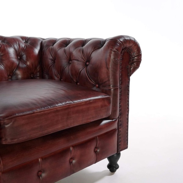 Canapé Chesterfield en cuir véritable bordeaux 3 places - Edward