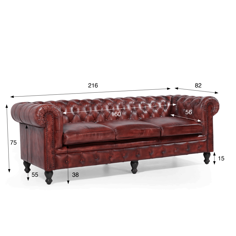 Canapé Chesterfield en cuir véritable bordeaux 3 places - Edward