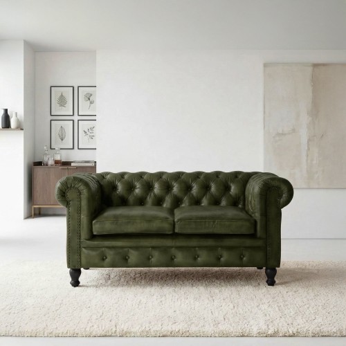 Canapé Chesterfield en cuir véritable vert 2 places - Edward