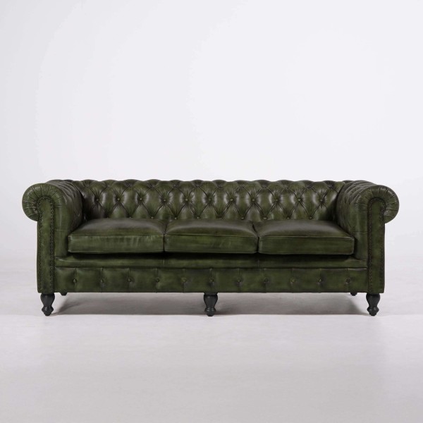 Canapé Chesterfield en cuir véritable vert 3 places - Edward