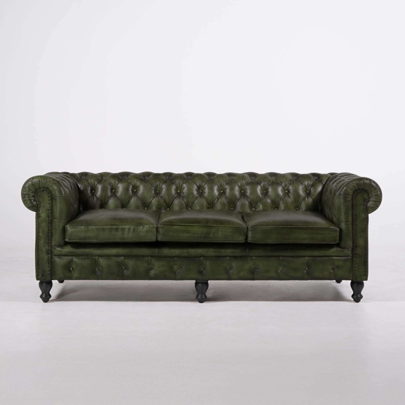 Canapé Chesterfield en cuir véritable vert 3 places - Edward