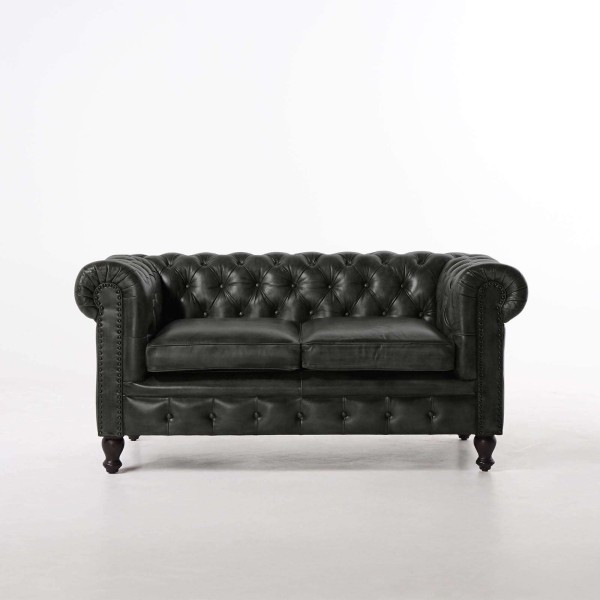 Canapé Chesterfield en cuir véritable noir 2 places - Edward