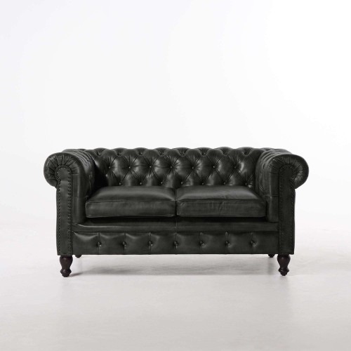 Canapé Chesterfield en cuir véritable noir 2 places - Edward
