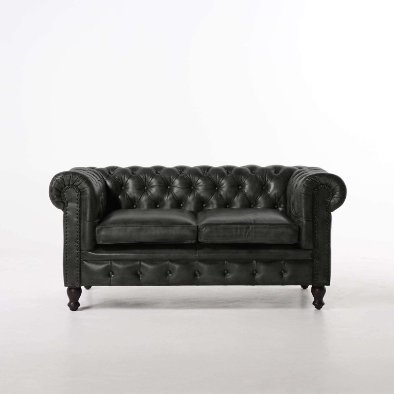 Canapé Chesterfield en cuir véritable noir 2 places - Edward