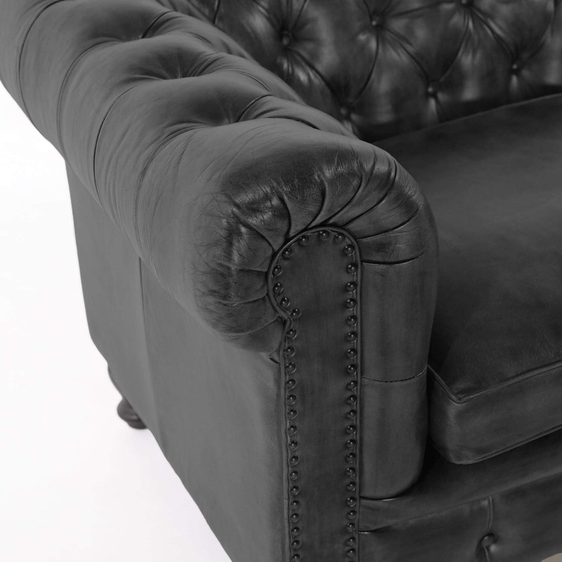 Canapé Chesterfield en cuir véritable noir 2 places - Edward