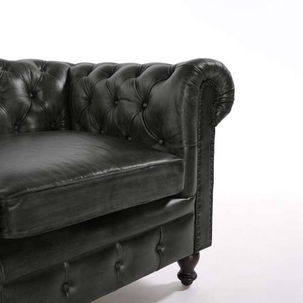 Canapé Chesterfield en cuir véritable noir 2 places - Edward
