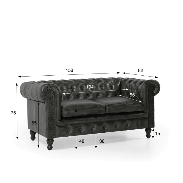 Canapé Chesterfield en cuir véritable noir 2 places - Edward