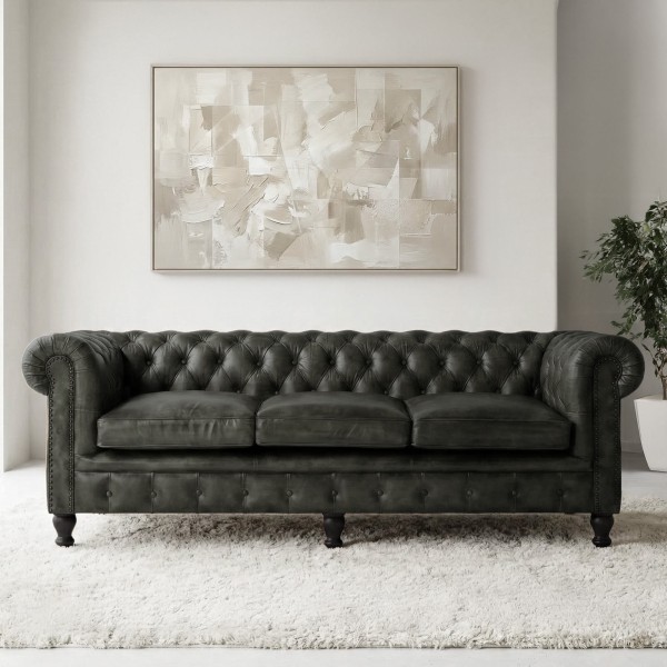 Canapé Chesterfield en cuir véritable noir 3 places - Edward