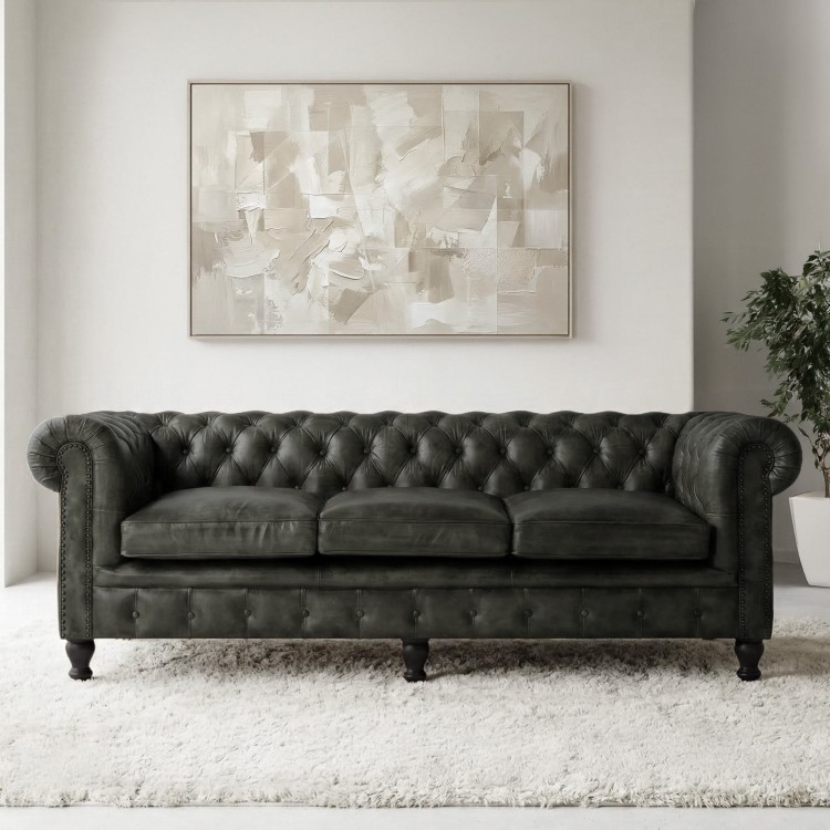 Canapé Chesterfield en cuir véritable noir 3 places - Edward