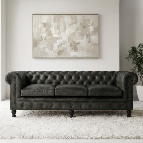 Canapé Chesterfield en cuir véritable noir 3 places - Edward