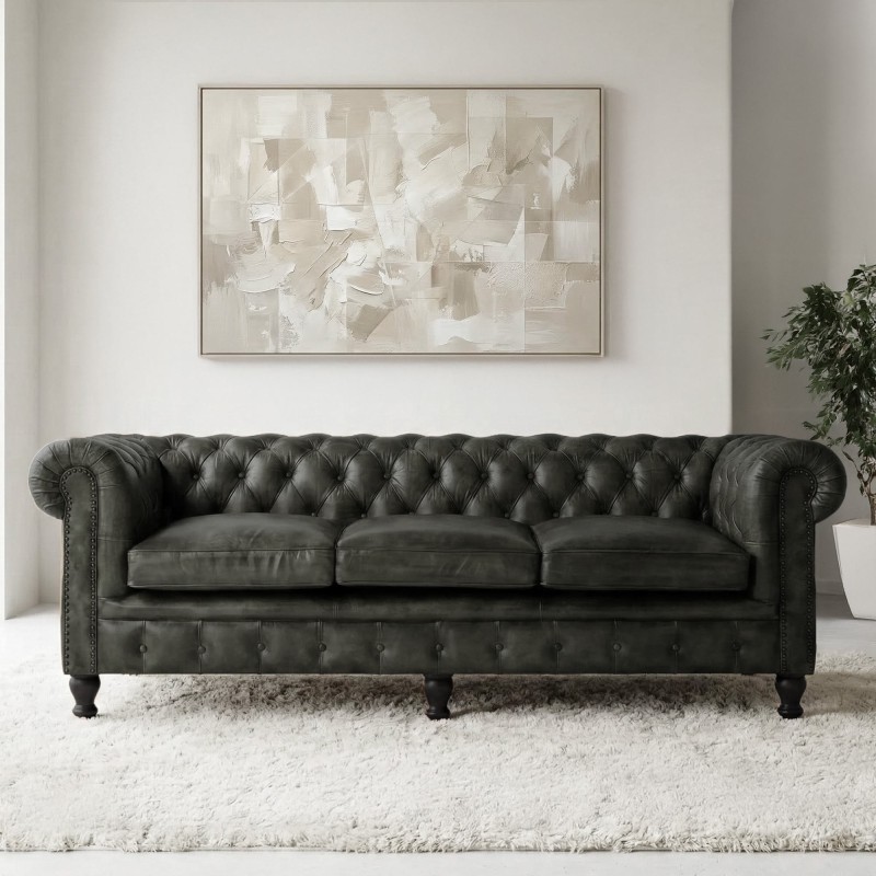 Canapé Chesterfield en cuir véritable noir 3 places - Edward