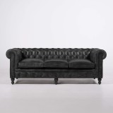 Canapé Chesterfield en cuir véritable noir 3 places - Edward