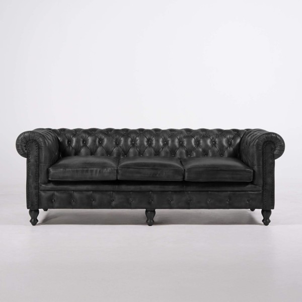 Canapé Chesterfield en cuir véritable noir 3 places - Edward